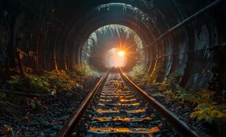 Railway tunnel. A dark tunnel with light at the end photo