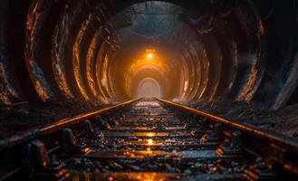 Railway tunnel. A dark tunnel with light at the end photo