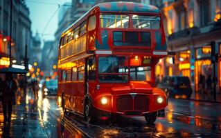 London bus side view in the street. Red double decker bus drives down the street in autumn. photo
