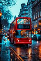London bus side view in the street. Red double decker bus drives down the street in autumn. photo