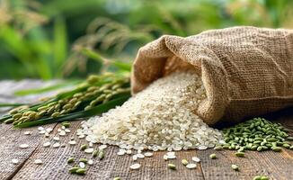 White rice in bag and green rice on wooden table photo