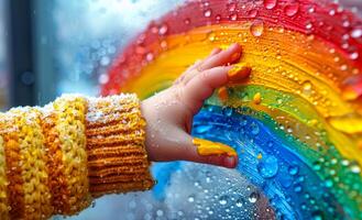 Child draws rainbow on the window. A child's hands touch painting rainbow on window photo