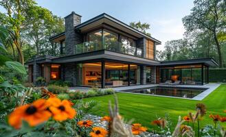 Modern house in the suburbs with pool view from the garden photo
