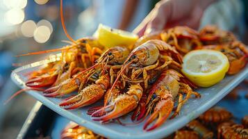Plate of cooked crayfish with lemon. A hands plating crayfish on a plate with lemon photo