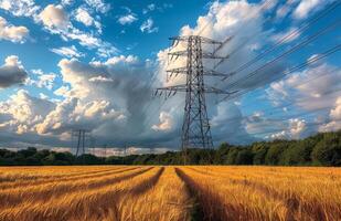 High voltage power lines and pylons in wheat field at sunset photo