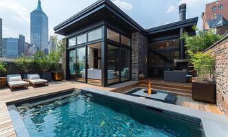 Modern house with pool and fire pit. Luxury apartment with city views photo