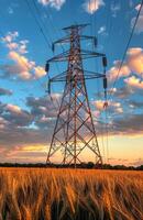 High voltage power lines and pylons in wheat field at sunset photo