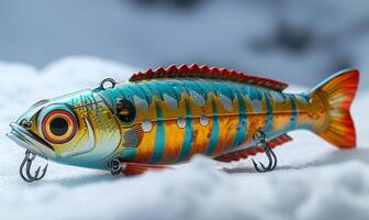 Fishing lure caught on the ice. The new lures are available in variety of colors and patterns. photo