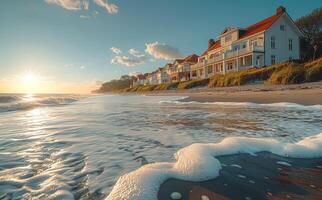 Houses on the beach at sunset. Modern house by the sea photo