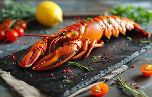 Cooked lobster is presented on slate board with lemon tomatoes and herbs. photo