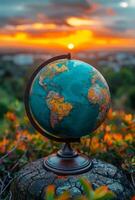 Globe of the world on stone and colorful sunset on background photo