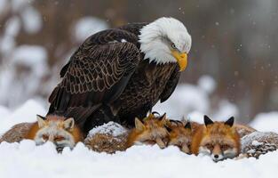 Bald eagle and red foxes in the snow. A photo of an eagle sitting on top the body and head down