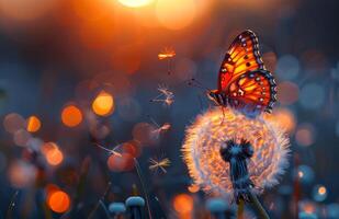 hermosa mariposa se sienta en diente de león en el prado a puesta de sol foto