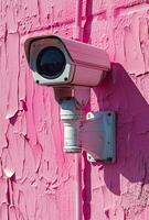 Two security cameras are mounted on pink wall photo