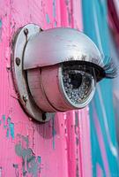 Security camera is mounted on pink wall the eye is pair of eyelashes photo