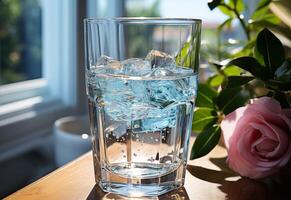 Glass of water with ice cubes. A photo of clean water being poured from the faucet into a glass