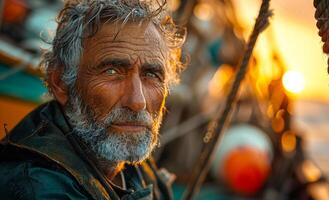 Portrait of old fisherman with gray beard and moustache looking at the camera at sunset photo