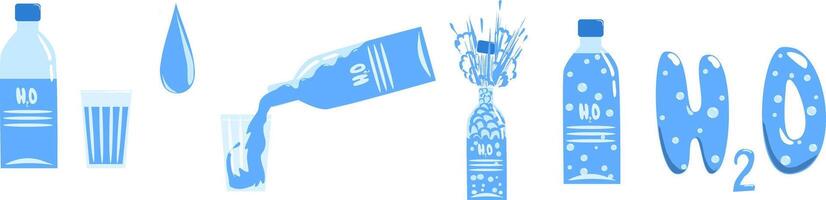 illustration ICONS water in bottles and a glass. bottled water with and without gas. One of the bottles shoots a cap. vector
