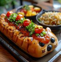 Hot dog with eyes and nose is decorated with tomatoes and green onions photo