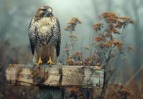 Red tailed hawk sitting on wooden post in the fog photo