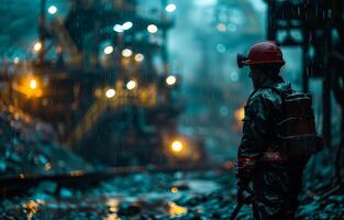 Coal miner in mine in the rain. A silhouette of an old coal miner photo