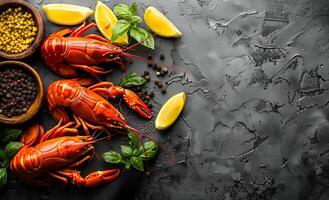 Boiled red crayfish with spices and herbs on dark background photo
