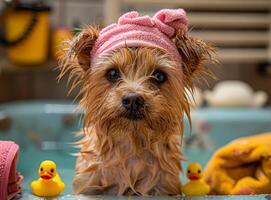 Yorkshire terrier is taking bath with rubber ducks photo