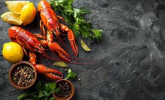 Boiled lobster with spices and herbs on dark background photo