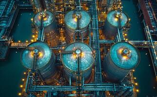 Oil refinery plant and oil tanks in refinery. Top view of large commodity tanks at industry area photo