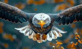Bald eagle flying in the forest. Eagle in flight hunting photo
