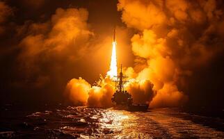 Embarcacion lanza misil dentro el cielo. misil salva fuego luces arriba el noche foto