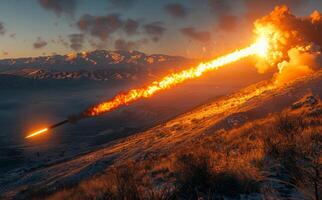 Rocket is fired from military base in the mountains. The concept of military weapons. photo