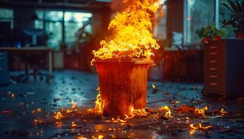 Burning trash can in abandoned office. Flaming rococo trash bin in an office photo
