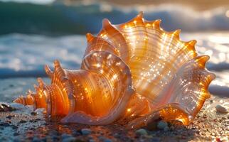 Large seashell lies on the sand against the background of the sea and the setting sun photo