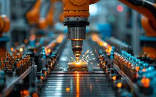 Robotic arm is working smartly in the production line while sparks are flying. photo
