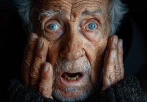 Old man with blue eyes is looking at the camera with his hands on his face photo