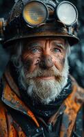 Coal miner with dirty face. A portrait of an old coal miner with black soot on his face photo
