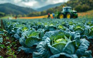 Cabbage field with tractor working in the background photo