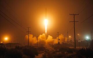 Rocket launches into the sky at night. A sequence of missiles launching into the night sky photo
