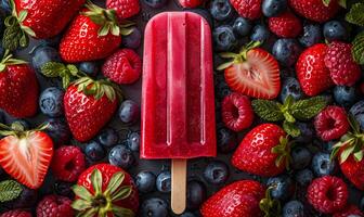Red popsicle surrounded by fresh berries. A vibrant red popsicle nestled among fresh berries photo