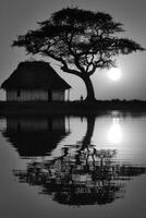 Hut and tree. Black and white photography of an hut under the tree with full moon photo