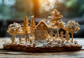 A paper cutout of an entire family holding hands next to their house photo