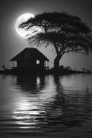 Black and white photography of an hut under the tree with full moon photo