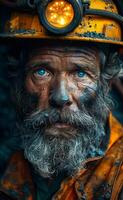Coal miner with dirty face. A photo of an old coal miner with a dirty face