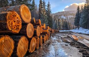 Logs are stacked on the side of the road in the mountains. A photo of cut pine trees in piles