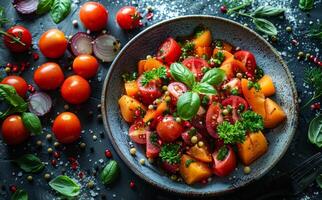 Tomato salad with fresh basil and pine nuts in bowl on dark background top view photo