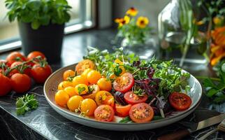 Fresh salad with cherry tomatoes arugula romaine and lettuce in plate on table in home kitchen. photo