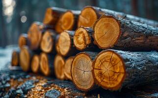 Logs of pine trees cut and stacked in the forest photo