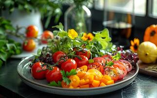 Fresh tomatoes and yellow and red bell peppers with herbs on plate photo