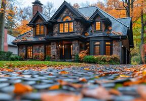 Big custom made luxury house with nicely landscaped front yard and driveway to garage in the suburbs photo